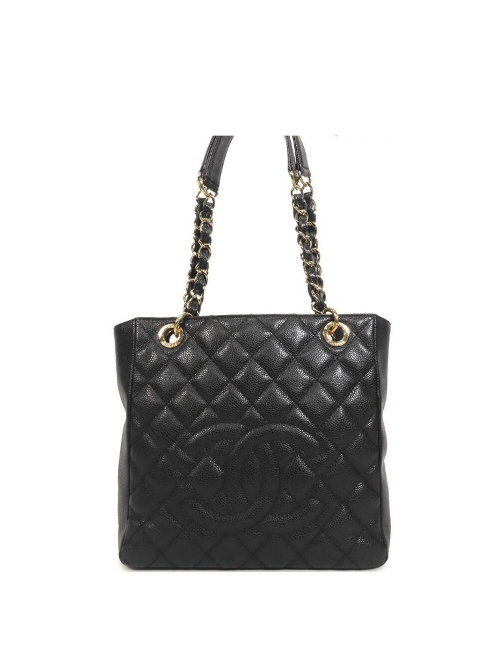 Chanel Chain Tote Bag Black Gold Caviar Leather CC Logo